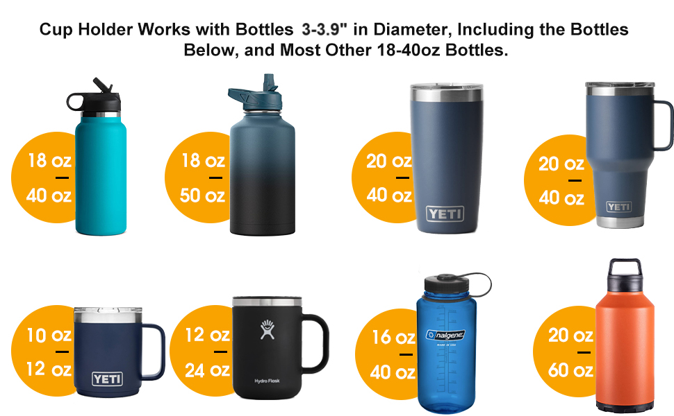Car Cup Holder Expander, Cup Holder Extender for Car with Adjustable Base, Fits Yeti 24/36/46oz, Hydroflask 32/40oz, Large Bottles in 3"-3.9" (16-40oz)