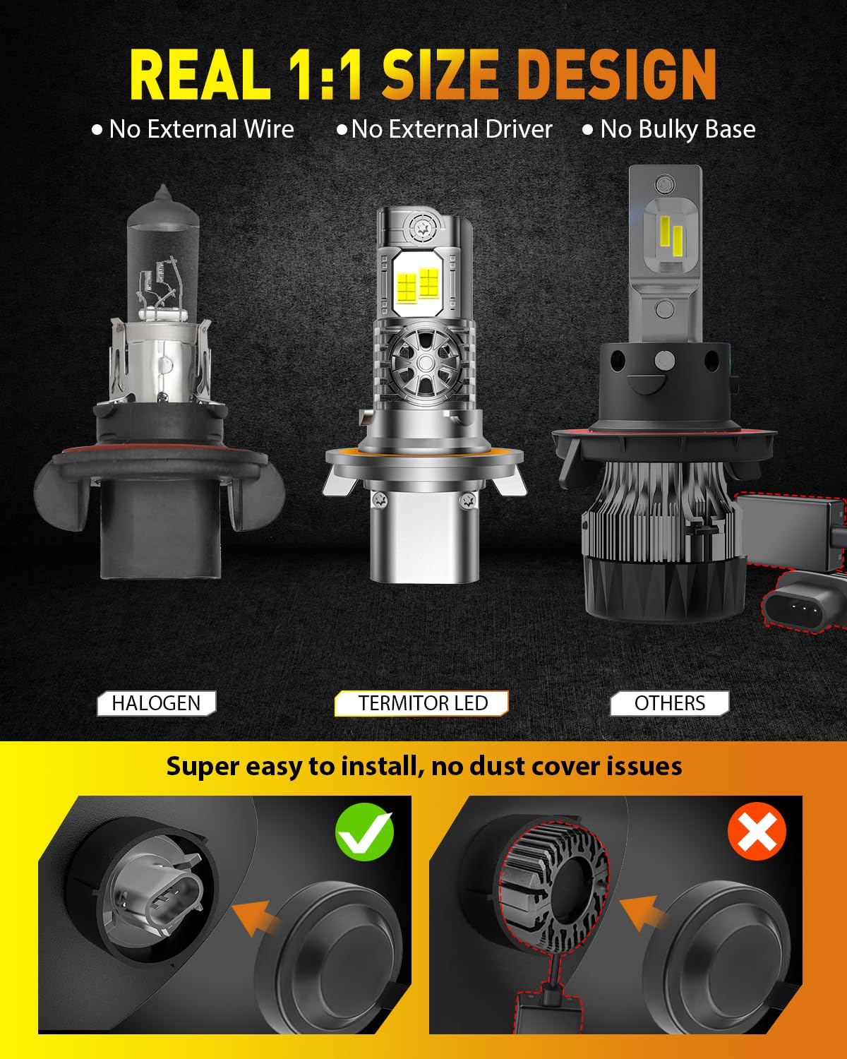 Upgraded H13/9008 Light bulb Hi/Low Beam, 40000LM 900% Super Bright, 6500K Cool White Fog Light Bulb,IP68 Waterproof, Real 1:1 Halogen Mini Size, Plug-N-Play, Pack of 2